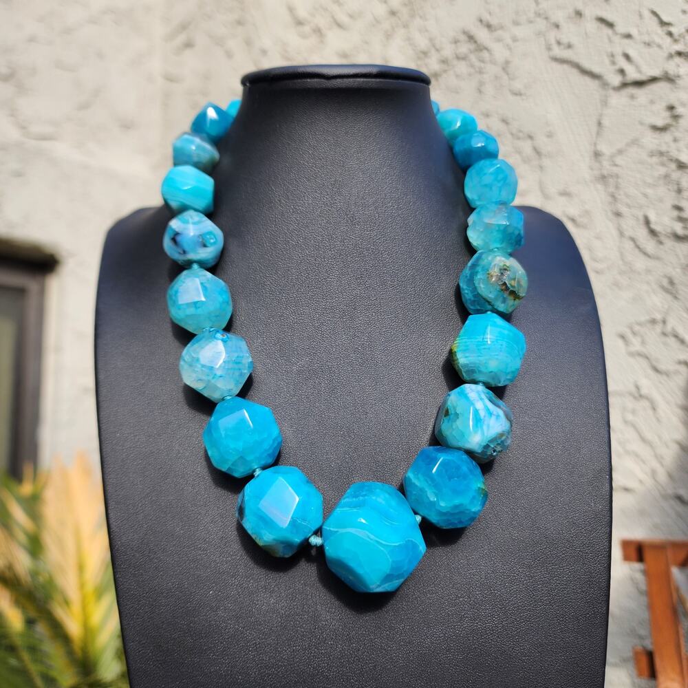 Lucas Lameth Blue Dragon Vein Agate Necklace LUC 925 Chunky Faceted Large Bead - Picture 11 of 11